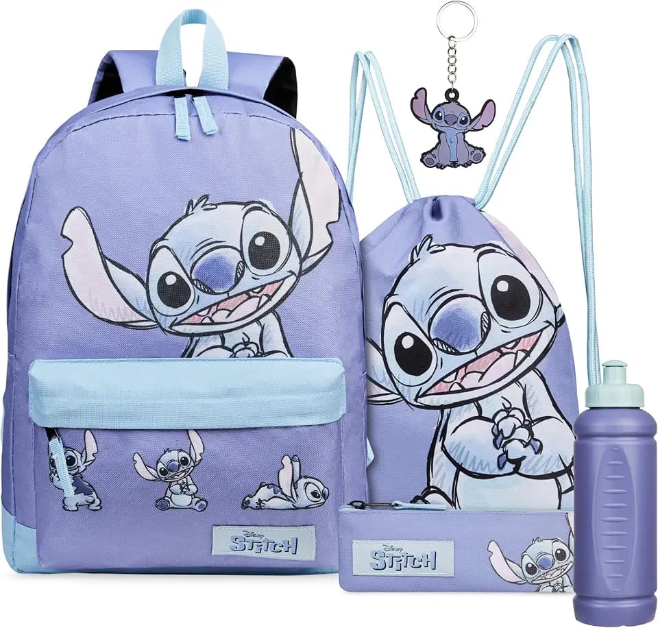 Disney Stitch Backpack 5-Pcs Gifts for Girls, Kids with Water Bottle Drawstring Bag Pencil Case Keychain School Travel Kit (Blue/Lilac)