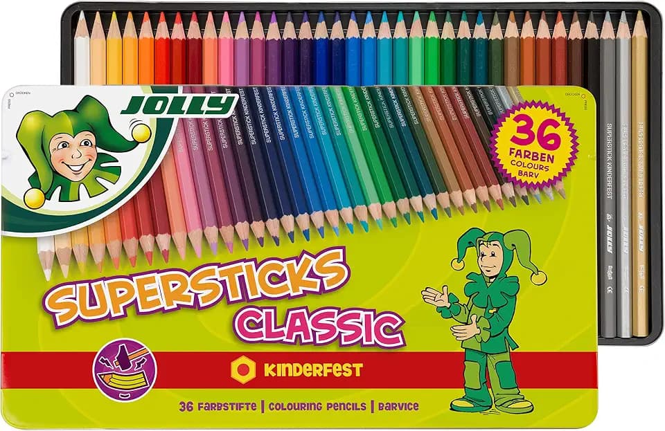 JOLLY Superstick Kinderfest Buntstifte – 24er Set in 3D-Metalletui, hexagonale Buntstiftform, 3,8 mm dicke Mine, Schulbedarf und Zubehör, Mal Sachen für Kinder