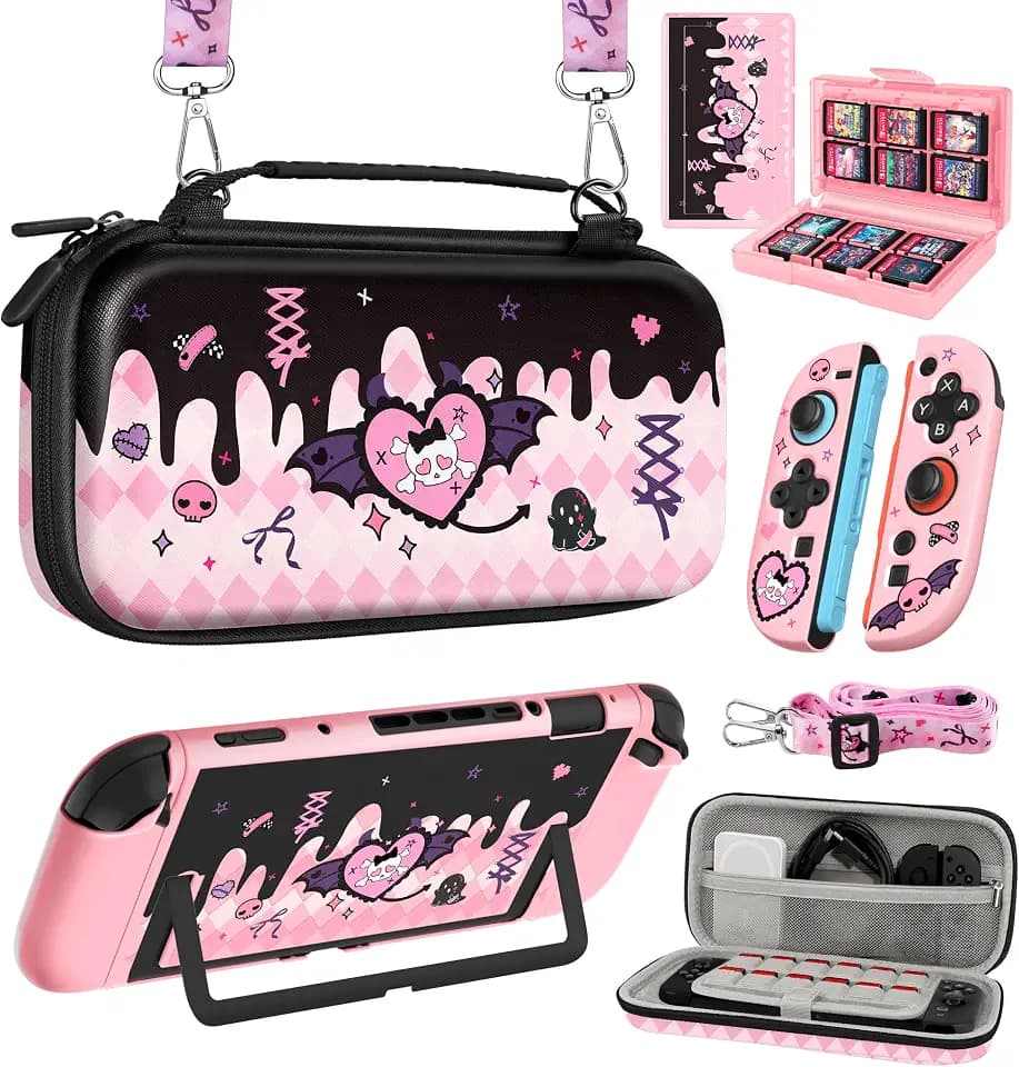 Gurgitat 6in1 Kits Accessories Bundle for Nintendo Switch 2 2025 - Cute Carrying Case, Protective Cover, Joy Con Grips, Thumb Grips, 24 Game Holder, Shoulder Strap Teens Boys Girls, Skull
