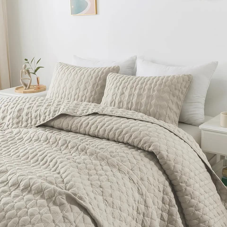 WDCOZY Light Beige Quilts Queen Size Bedding Set with 2 Pillow Shams, Lightweight Soft Full Bedspread Coverlet, Thin Comforter Bed Cover for All Season, 3 Pieces, 90x90 inches