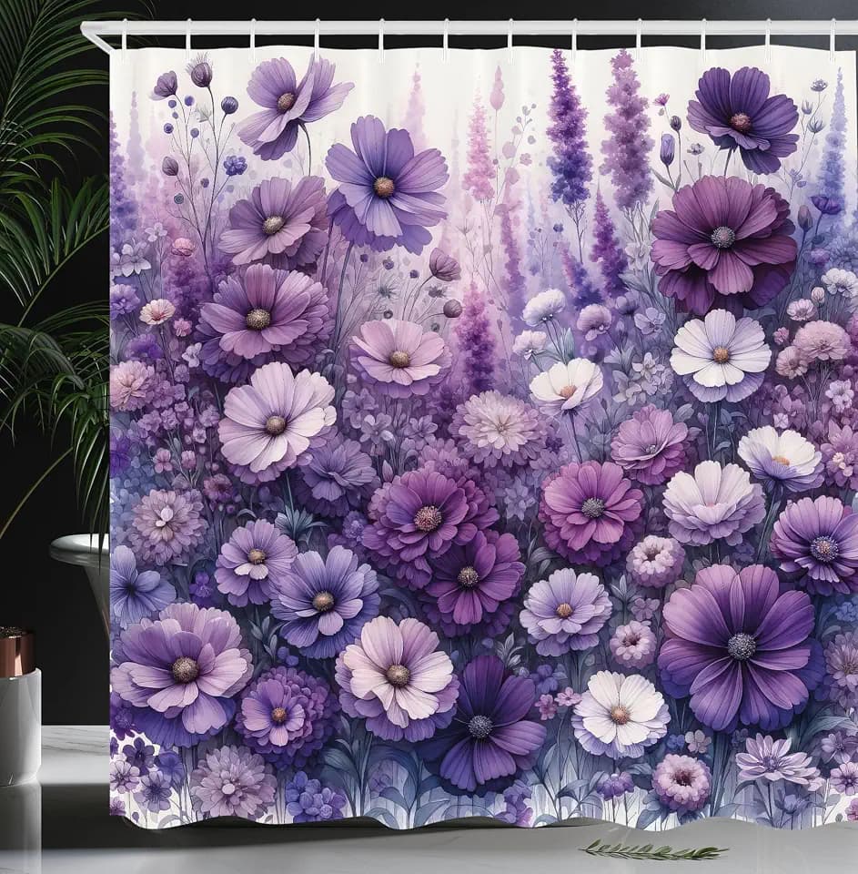 Ambesonne Purple Shower Curtain, Picturesque Cottagecore Style Flowers Meadow Monochromatic Pastel Tones, Cloth Fabric Bathroom Decor Set with Hooks, 69" W x 70" L, Lilac Lavender Quartz