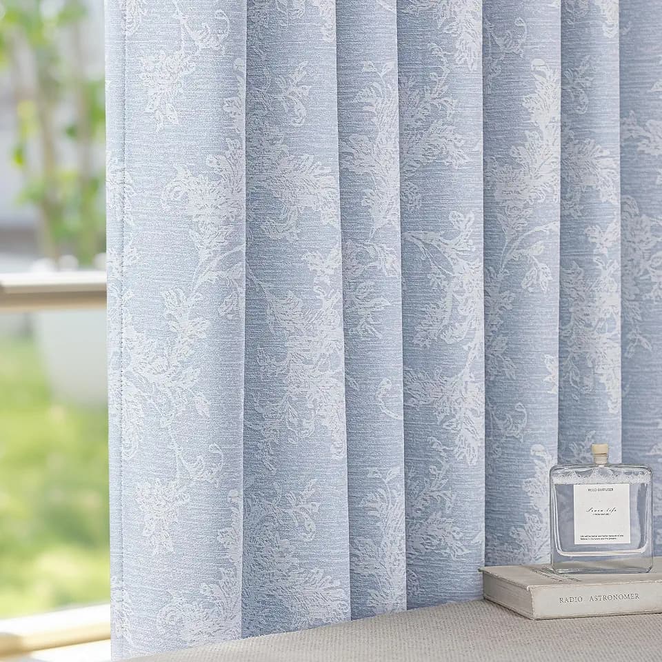 FMFUNCTEX Blue Floral Jacquard Blackout Curtains, 52X90 Inches, 2 Panels