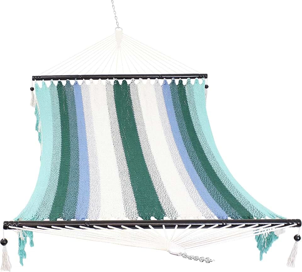 Sunnydaze Spreader Bar Woven Cotton Hammock for Outdoors, Lagoon Stripe