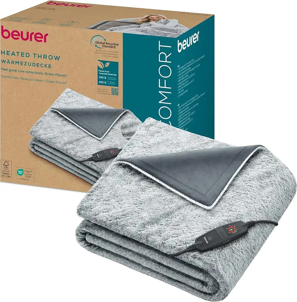 Beurer HD 75 Nordic Grey Heizdecke, Wärmedecke hergestellt aus recyceltem Material, kuschelig weich, 6 Temperaturstufen, maschinenwaschbar, Abschaltautomatik, 180 x 130 cm
