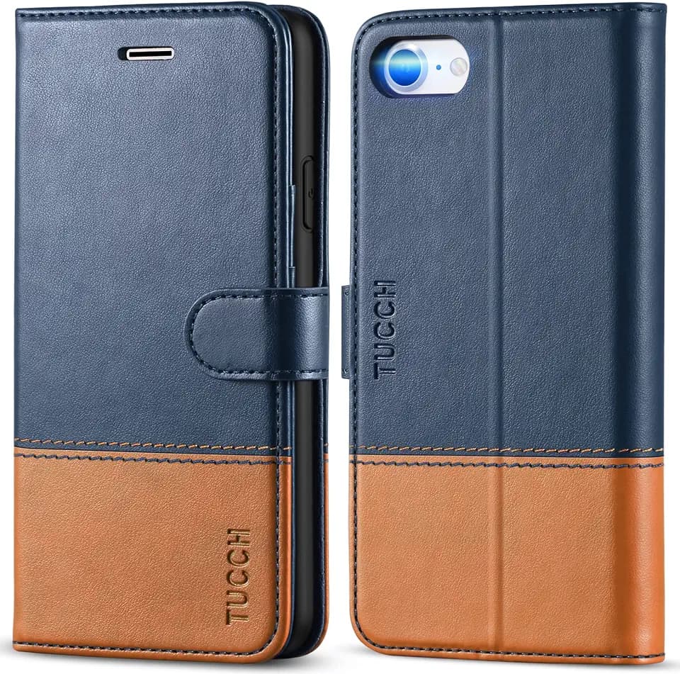 TUCCH Wallet Case for iPhone SE 2022/SE 2020/iPhone 8/7, Blue & Brown