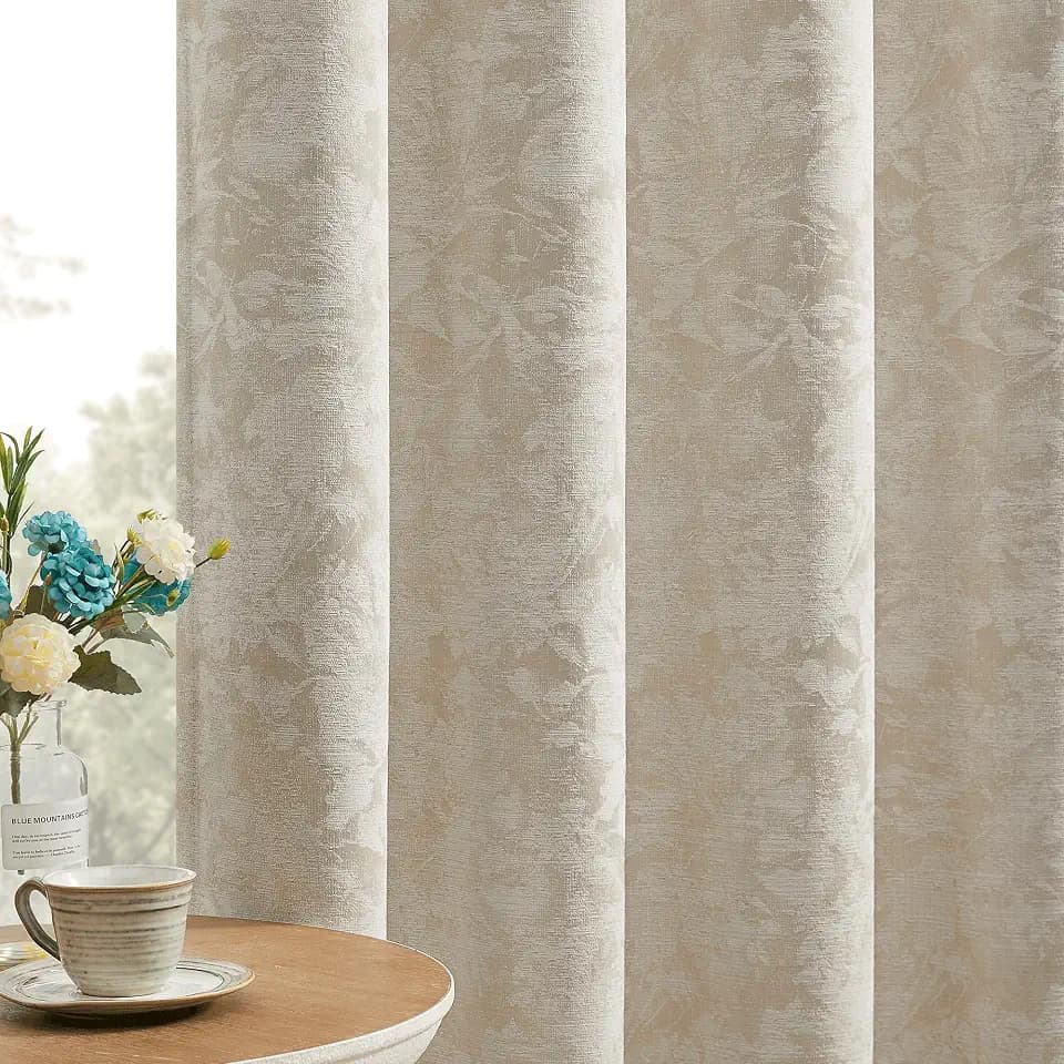 Beauoop Beige Floral Jacquard Blackout Curtains for Bedroom 52x96 2 Panels