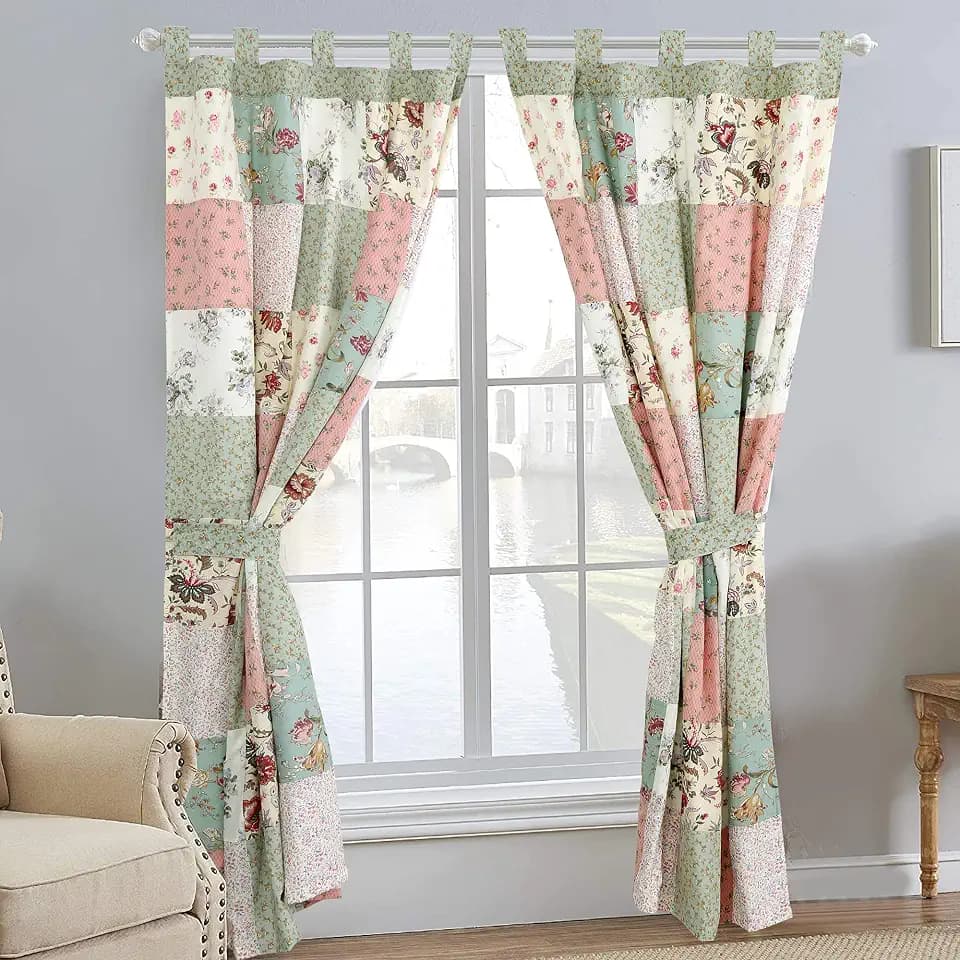 Celia Tiffany Floral Country Garden Pink Blue Patchwork Cotton Quilt Bedding Set and Accessories, Window Treatments Light Filtering Rod Pocket, 84" Drapes (2-Piece) with Tie Backs
