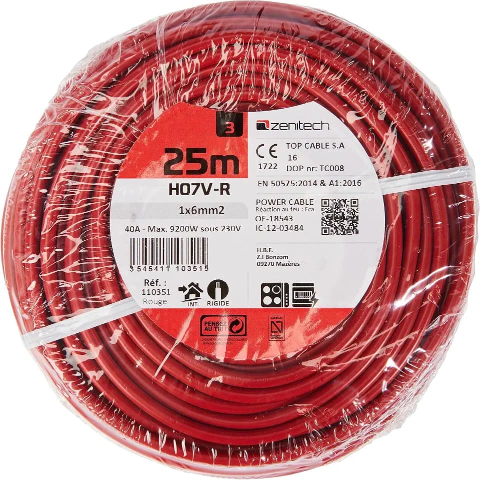 Zenitech - H07V-R 6mm² Elektrisches Stromkabel - Einadriger Leiter Mit PVC-Isolierung Und Kleinem Tertiär - Rot - 25m