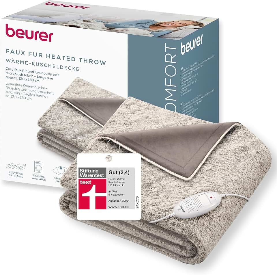 Beurer HD 75 Nordic Heizdecke, kuschelige Wärmedecke in Kunstfelloptik, mit 6 Temperaturstufen, maschinenwaschbar bei 30 °C, Heizdecke mit Abschaltautomatik, beige / braun, 180 x 130 cm