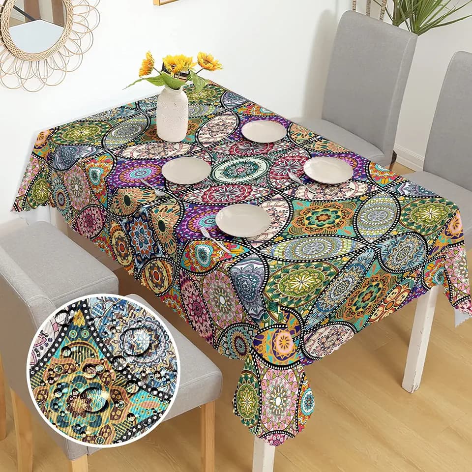 Tischdecke Abwaschbar Boho Mandala Tischdecken für Draußen Wetterfest Table Cloth Waterproof Polyester Tischdecke Rechteckig für Gartentisch Küche Garten Outdoor Party 150x260 cm
