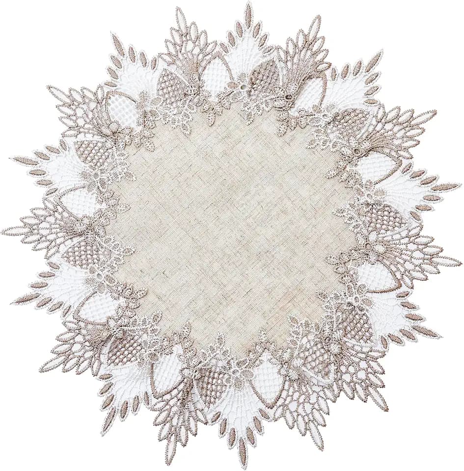 Natural Linen Doily 15" Round Beige Lace Small Coffee Table Topper