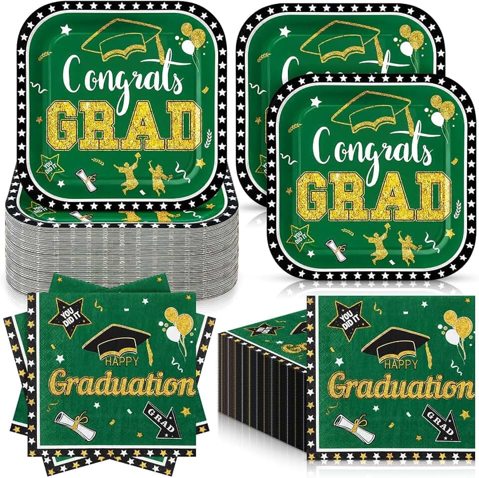 Zhehao 72 Pcs 2026 Graduation Plates and Napkins Set Serve 36, Green and Gold Graduation Party Supplies, 7" Square Congrats Grad Paper Plates and Napkins Class of 2026 Disposable Dinnerware Decoration