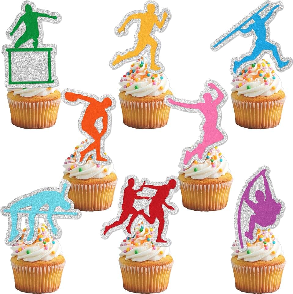24Pcs Track and Field Cupcake Toppers - Glitter Track and Field Party Decorations For Sports Running High Jump Javelin Throw Birthday Party Cake Décor