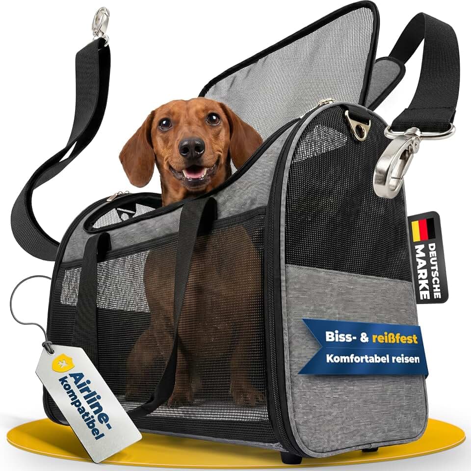 Transporttasche Hund & Katze Flugzeug 55x40x23 [Faltbar & Kratzfest] Tragetasche bis 15kg, Flugtasche Airline-Maße, Transportbox & Katzentasche mit Kofferhalterung, luftdurchlässig | Fester Boden
