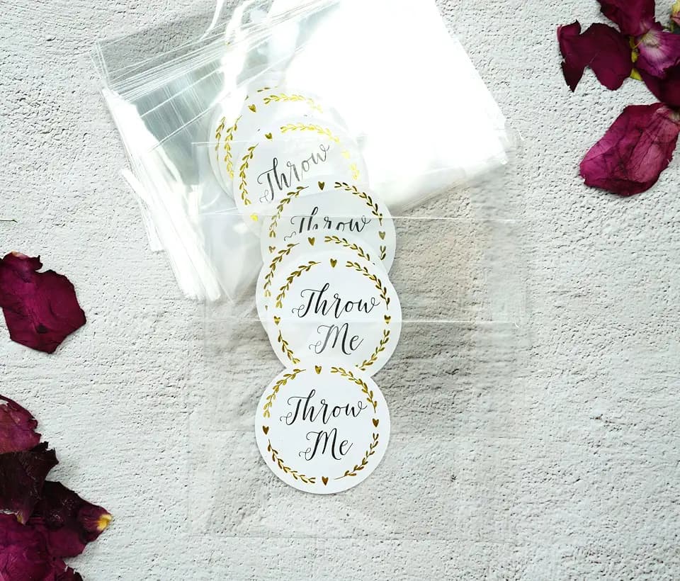 100 Pack Pre-made Clear Confetti Bags with Gold Foil "Throw Me" Stickers | Wedding Petal Toss Packets - Pre-Labeled Empty Bags