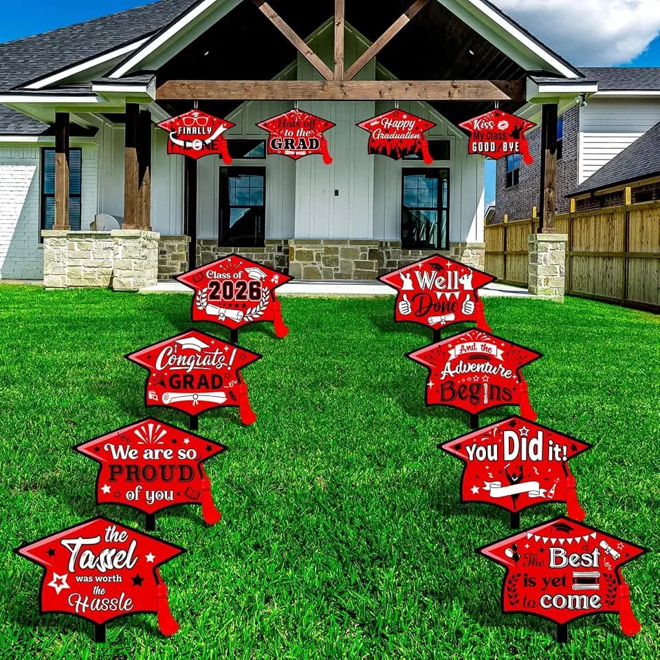 Chunful 12 Pack Graduation Yard Signs Grad Decoration 2026 Happy Graduate Lawn Garden Sign with Stake Congrats Outdoor Plastic Cap Hanging Ornament for Class Pathway Walkway Porch Party(Red)