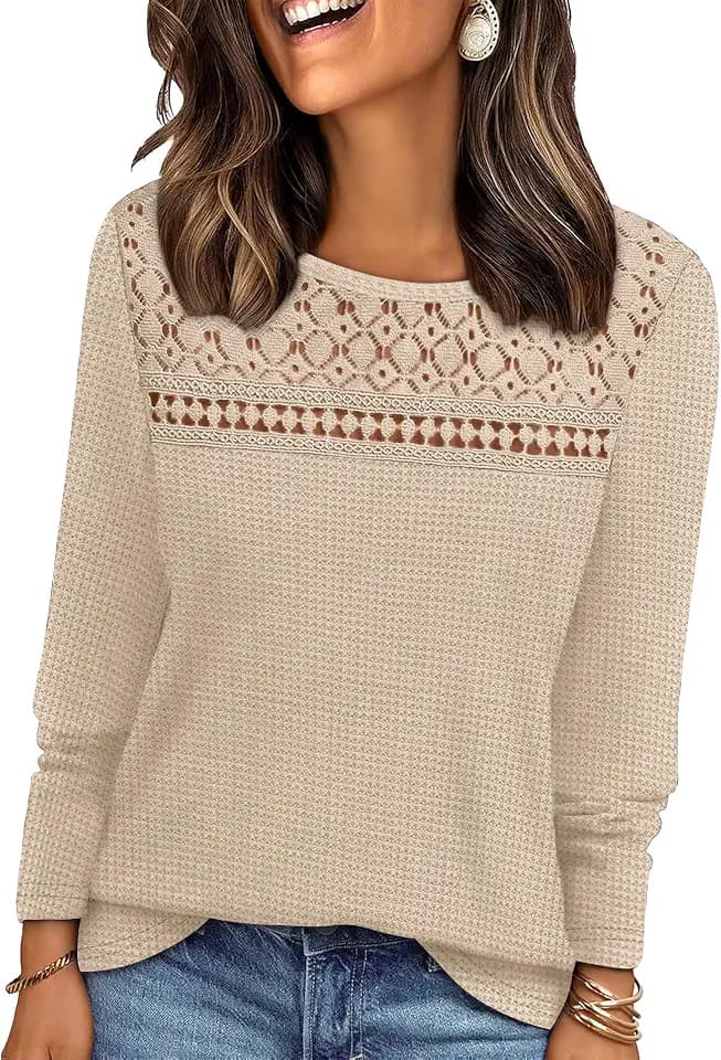 WIHOLL Damen-Pullover, langärmelig, Spitzenbluse, trendiger Waffelstrickpullover, elegant, leger