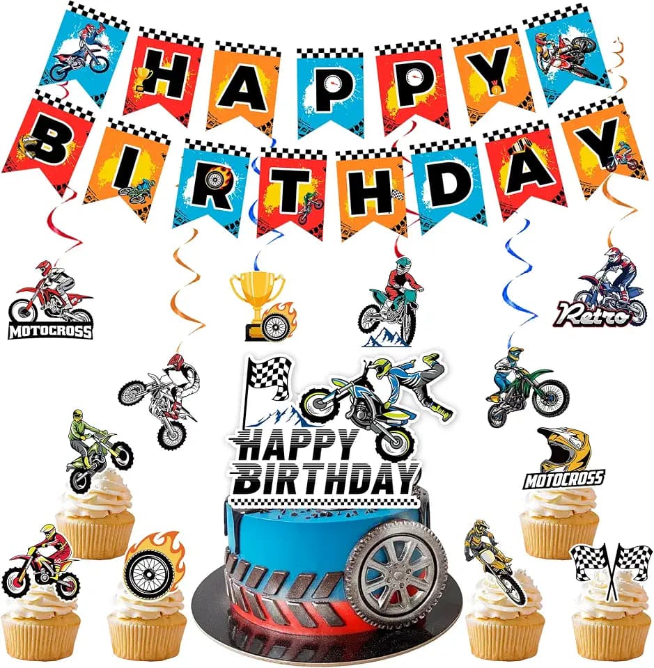 Motorrad Geburtstagsdeko Set, 20Pcs Motorrad Geburtstagsbanner Cake Topper & Hängende Spirale etc Dirt Bike Motorrad Party Supplies