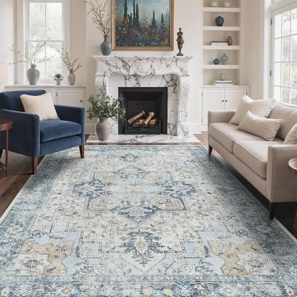GENIMO 6x9 Washable Area Rugs for Living Room, Non Slip, Blue Gold