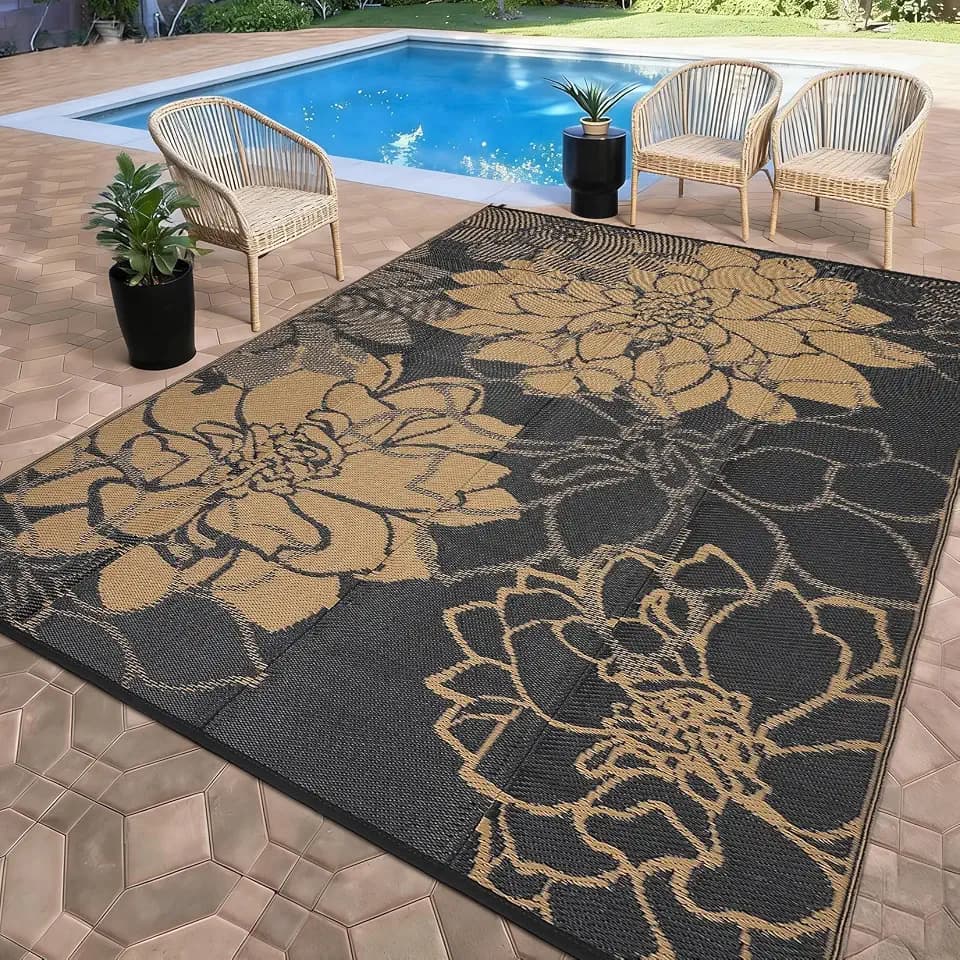 Garvee 9x12 Outdoor Rug Patio Waterproof Reversible Mat Flower Porch Rug with 4 Stakes and Starage Bag Portable Outdoor Plastic Straw Rugs for Camping Deck Rv Balcony Backyard Beach, Black&Brown
