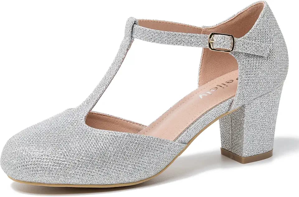 Women's T-Strap Mary Jane Pumps, Block Heel, Closed Toe, Dress Shoes with Buckle