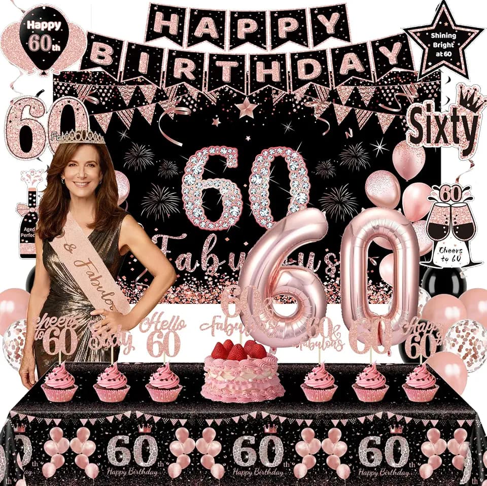 60th Birthday Decorations, Black Rose Gold 60th Birthday Party Supplies for Women, Happy 60th Birthday Banner, Sash, Crown, Balloons, Tablecloth & Backdrop Decorations for 60th Birthday Party