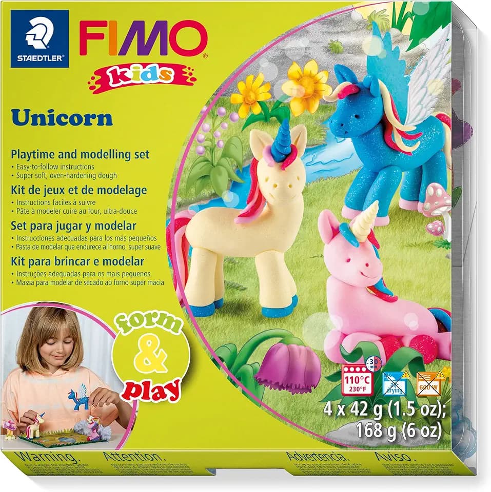 STAEDTLER 8304 19 LZ03 FIMO Kids Form&Play Playtime & Modeling Polymer Clay Set - "Unicorn" (Packung mit 4 Blöcken, Stickern, Modellierwerkzeugen & Hintergrundszene)