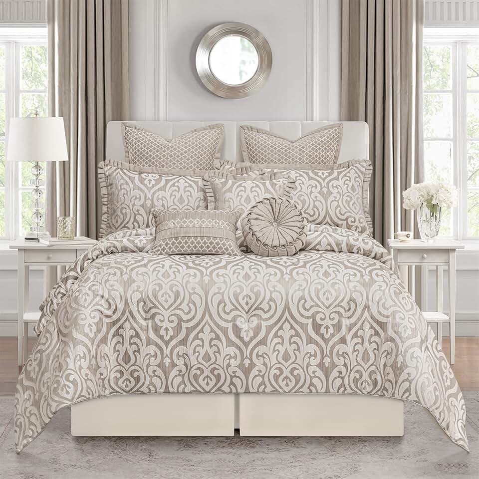 Loom and Mill 9 PCS Contemporary Jacquard Comforter Set King, Taupe Beige