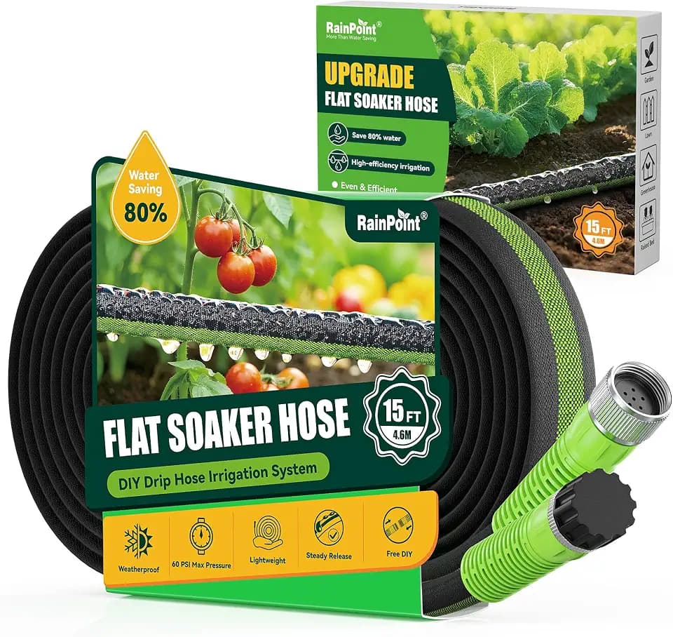 RAINPOINT 15FT Flat Soaker Hose for Garden, Flexible & Lightweight Drip Irrigation Hose with Anodized Aircraft Aluminum Fittings, Saves Up to 80% Water, Green