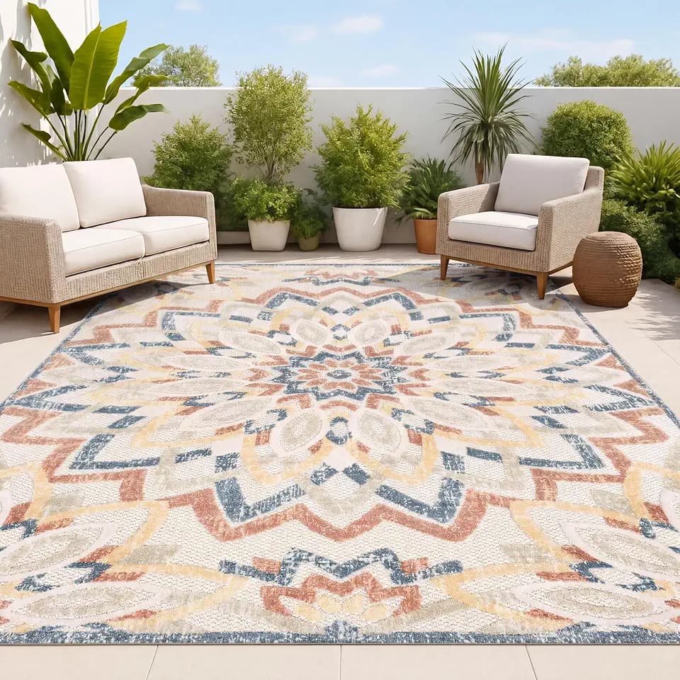 JONATHAN Y Abstract Bold Mandala Indoor Outdoor Area Rug 5x8 Cream/Multi, Flora High-Low for Backyard, Patio, Porch, Easy-Cleaning, High Traffic, Pet-Friendly, Non-Shedding (AMC112F-5)