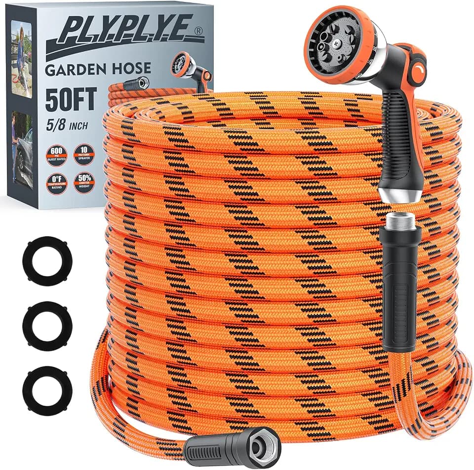 Flexible Garden Hose 50 ft, Non-Expanding Lightweight Water Hose, with 10 Pattern Sprayer, All Weather, Durable, Kink and Abrasion-Resistant, Leak-Free, Orange
