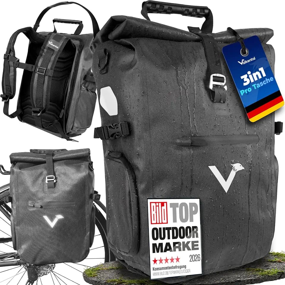 Valkental® - 3in1 Fahrradtasche Pro - Das Original - Hochwertiges Nylon - 23L Volumen - Geeignet als Gepäckträgertasche, Rucksack & Umhängetasche - 100% Wasserdicht - Fahrradtasche für Gepäckträger