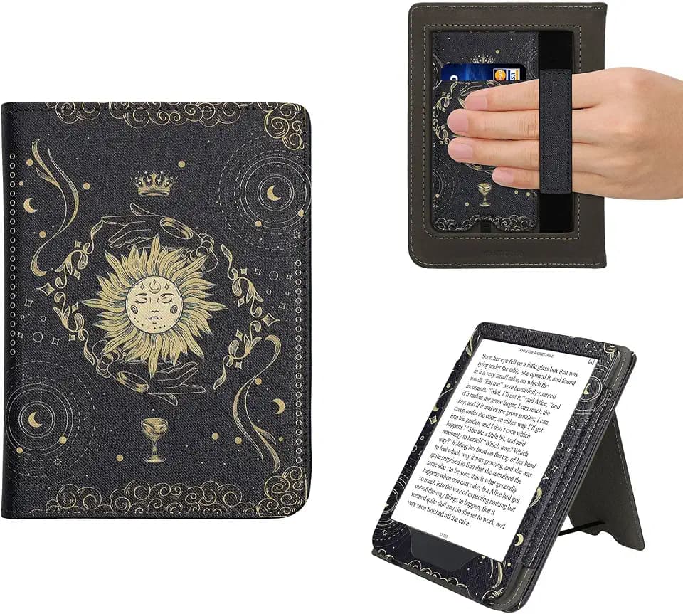 kwmobile Flip Cover kompatibel mit Kobo Clara BW/Clara Colour/Tolino Shine (5) / Shine Color - Hülle mit Handschlaufe Tarot Karten Dunkelblau Gelb Schwarz