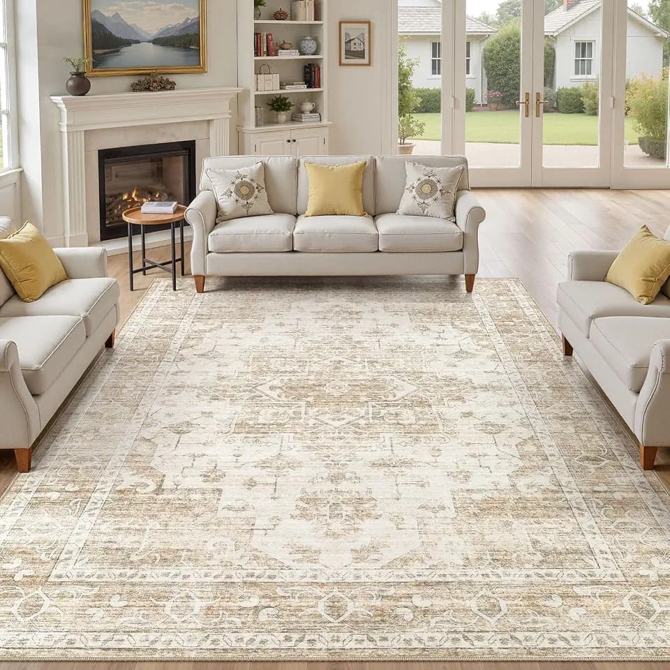 9x12 Area Rugs for Living Room: Washable Neutral Soft Beige Rug