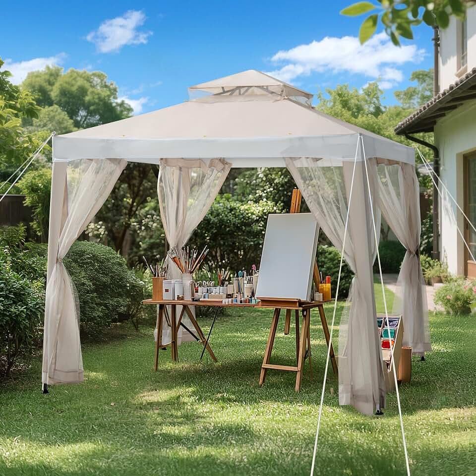Sunjoy 8 x 8 ft. Soft Top Gazebo, Outdoor Patio Backyard Modern 2-Tier Steel Frame Gazebo with Mesh Netting - Beige & White