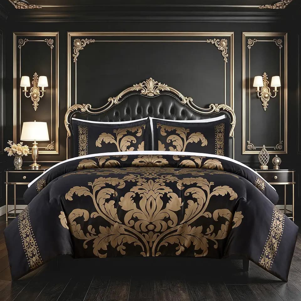 Chezmoi Collection Valor 7-Piece King Bed in a Bag, Black/Gold Luxury Jacquard Floral Comforter with Sheets Set for All Season