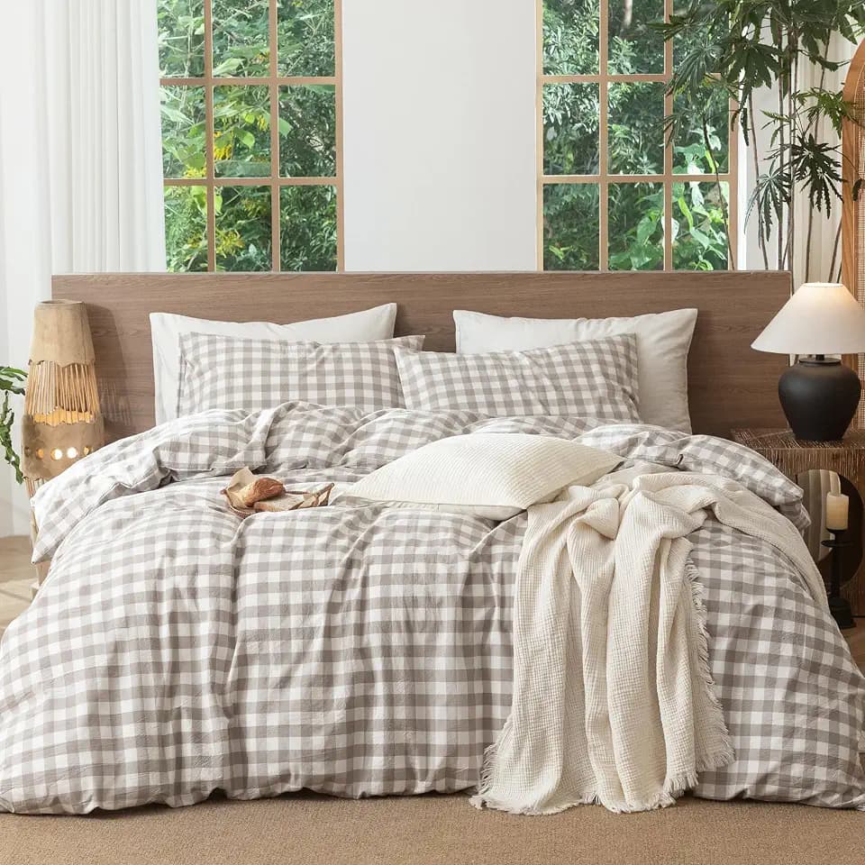 MooMee Gingham Duvet Cover Set 100% Washed Cotton Linen Like Queen