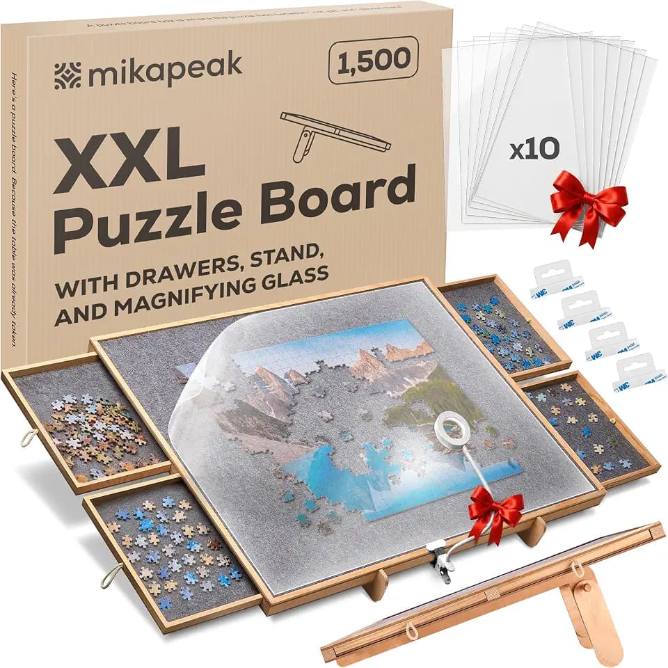 1500 Piece Puzzle Board, Clip-on Led Magnifier and Wall Display Kit Included, Adjustable Jigsaw Puzzle Boards for Adults and Kids, Portable Puzzle Board with Drawers, Cover and Non-Slip Felt Surface
