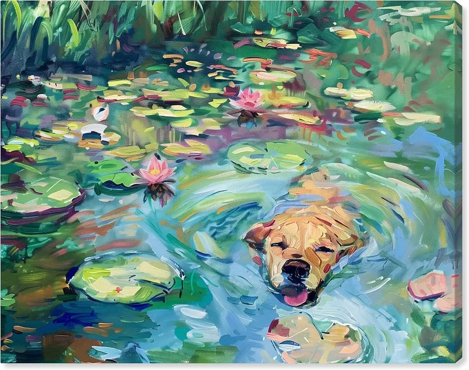 Lily Pad Dog Rustic Chic Farmhouse Canvas Wall Art by Art Remedy, Gallery Wrapped, 20"x16"