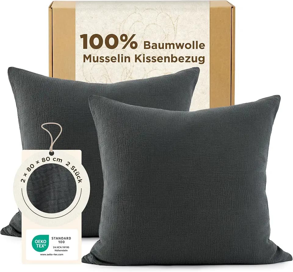 BEDSURE Musselin Kissenbezug 80x80 2er - Anthrazit, Baumwolle, Oeko-TEX