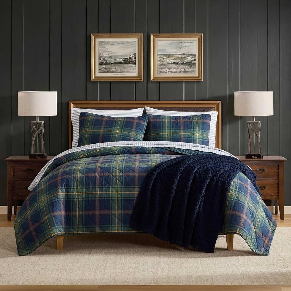 Nautica - Queen Quilt Set with Shams, Reversible, Plaid Cotton Bedding