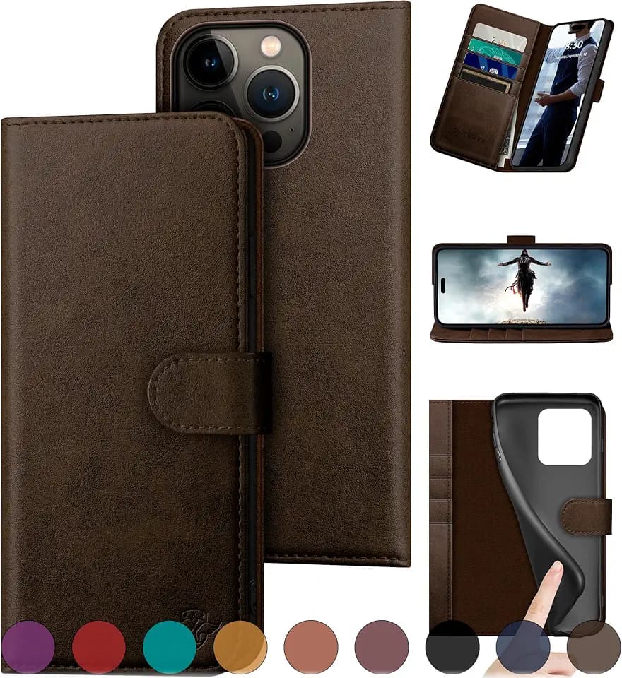 DuckSky Compatible with iPhone 16 Pro Max 6.9" Genuine Leather Wallet case【RFID Blocking】【4 Credit Card Holder】【Real Leather】 Flip Phone case Cover Women Men for Apple 16 ProMax case Brown