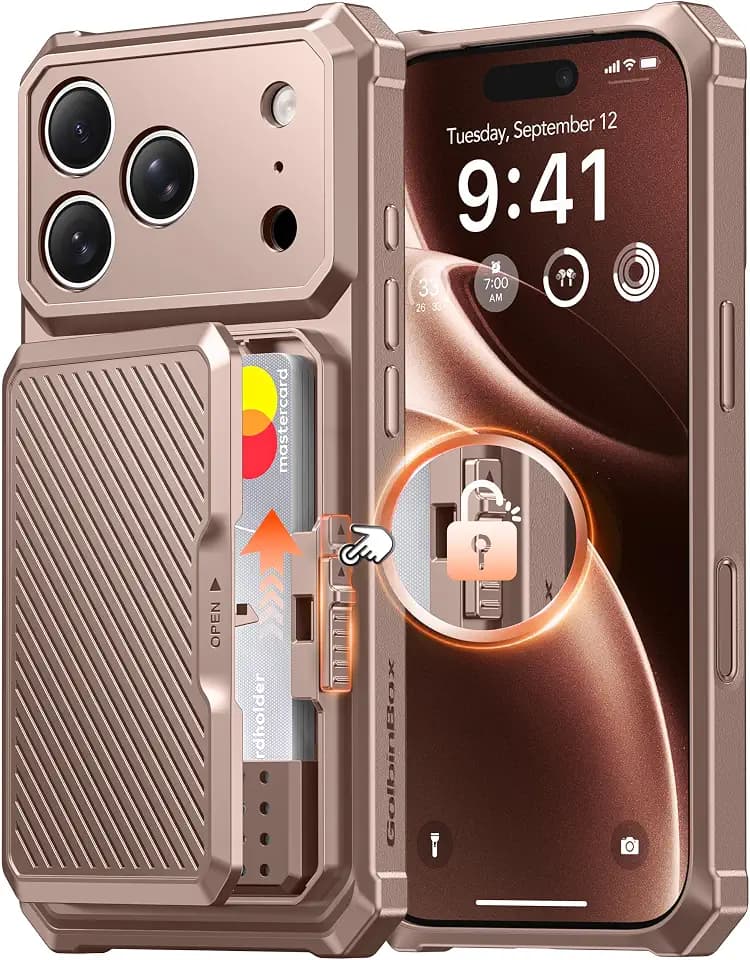 GolbinBox for iPhone 17 Pro Case with Card Slot & Safety Lock-Antler Gold