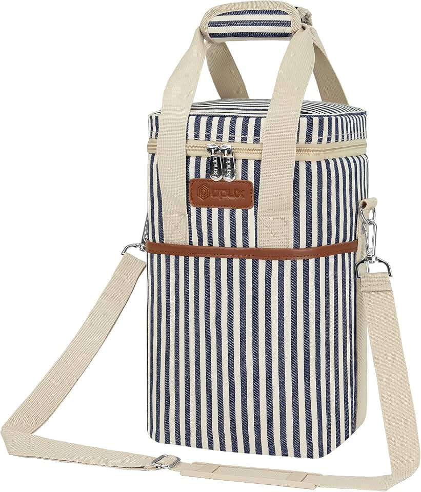 opux Insulated Wine Cooler Bag, Leakproof 4 Bottle Tote Carrier, Navy Strip