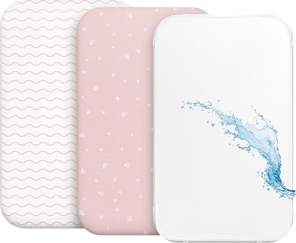 2X Spannbettlaken aus 100% Baumwolle mit Gummiband - 1X Matratzenschoner aus 100% wasserdichtem Material - 3er-Set - 55x90cm - Rosa