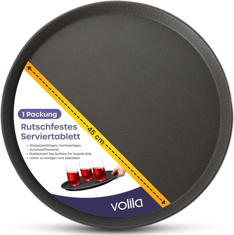 volila Schwarzes Rundtablett - 45cm (1er Pack) Gummiertes rutschfestes Serviertablett für Speisen und Getränke - Spülmaschinenfestes rundes Serviertablett für Partys, Zuhause, Bars & Restaurants