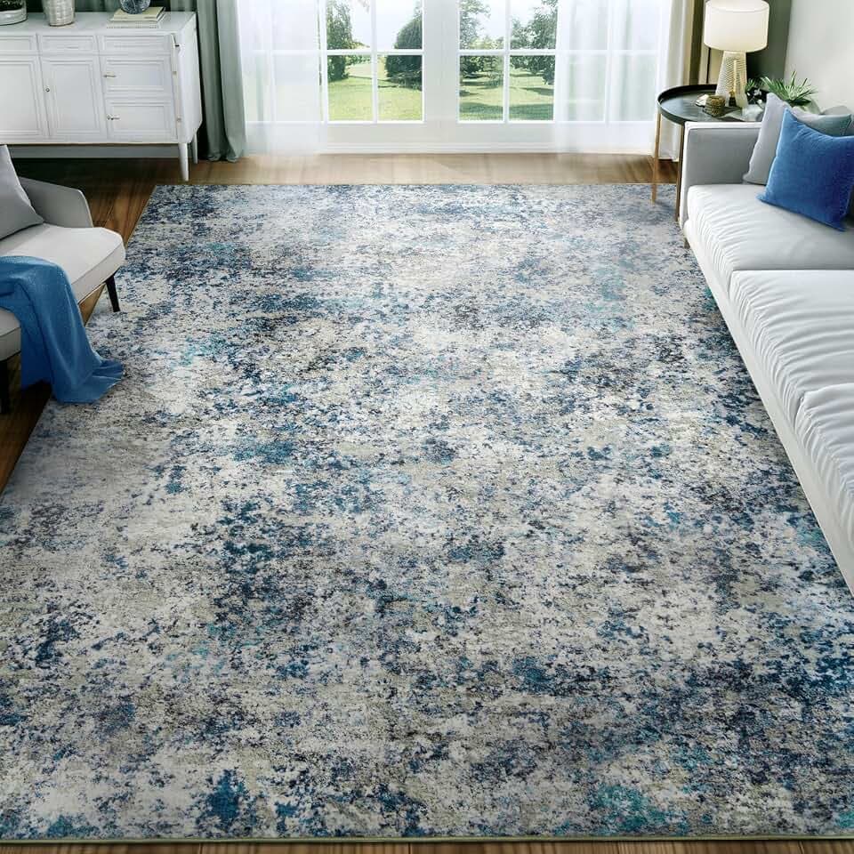 Washable Area Rug for Living Room: 6x9 Modern Abstract Neutral Soft Rug for Bedroom Dining Room No Slip Low Pile Carpet for Nursery Home Office - Grey/Blue
