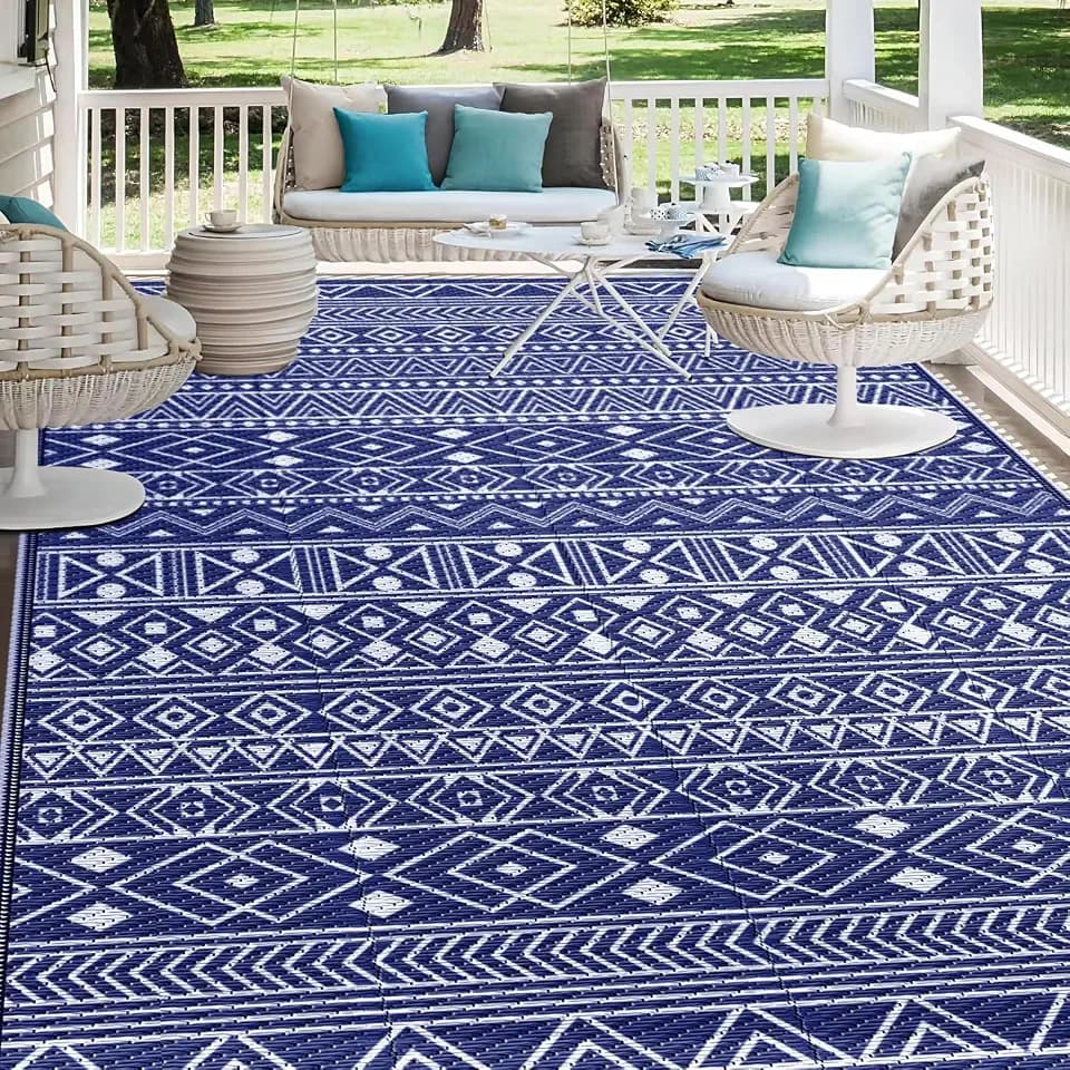 StepLively Outdoor Rug 5x8 ft, Reversible Outdoor Plastic Straw Rugs, Blue