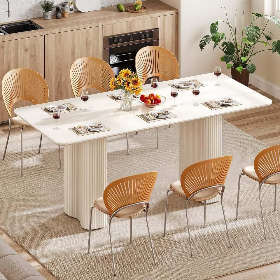 DWVO 70.8" Modern Dining Table for 6-8, Cream White Curved Legs
