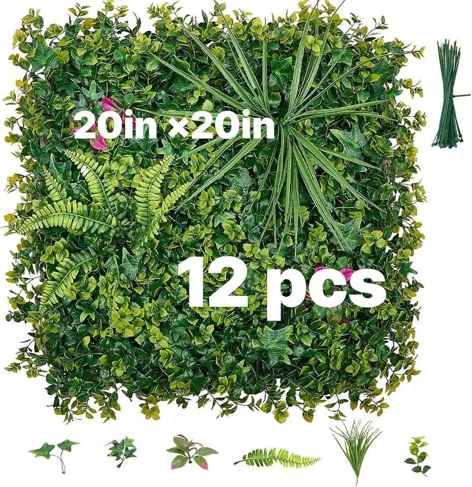 VEVOR Artificial Plant Wall, 12PCS 20 x 20 in Artificial Boxwood Panels, Greenery Backdrop Privacy Hedge Fence with Sun Protection, Fake Grass Wall Screen for Wedding, Indoor, Garden，Mixed Leaf